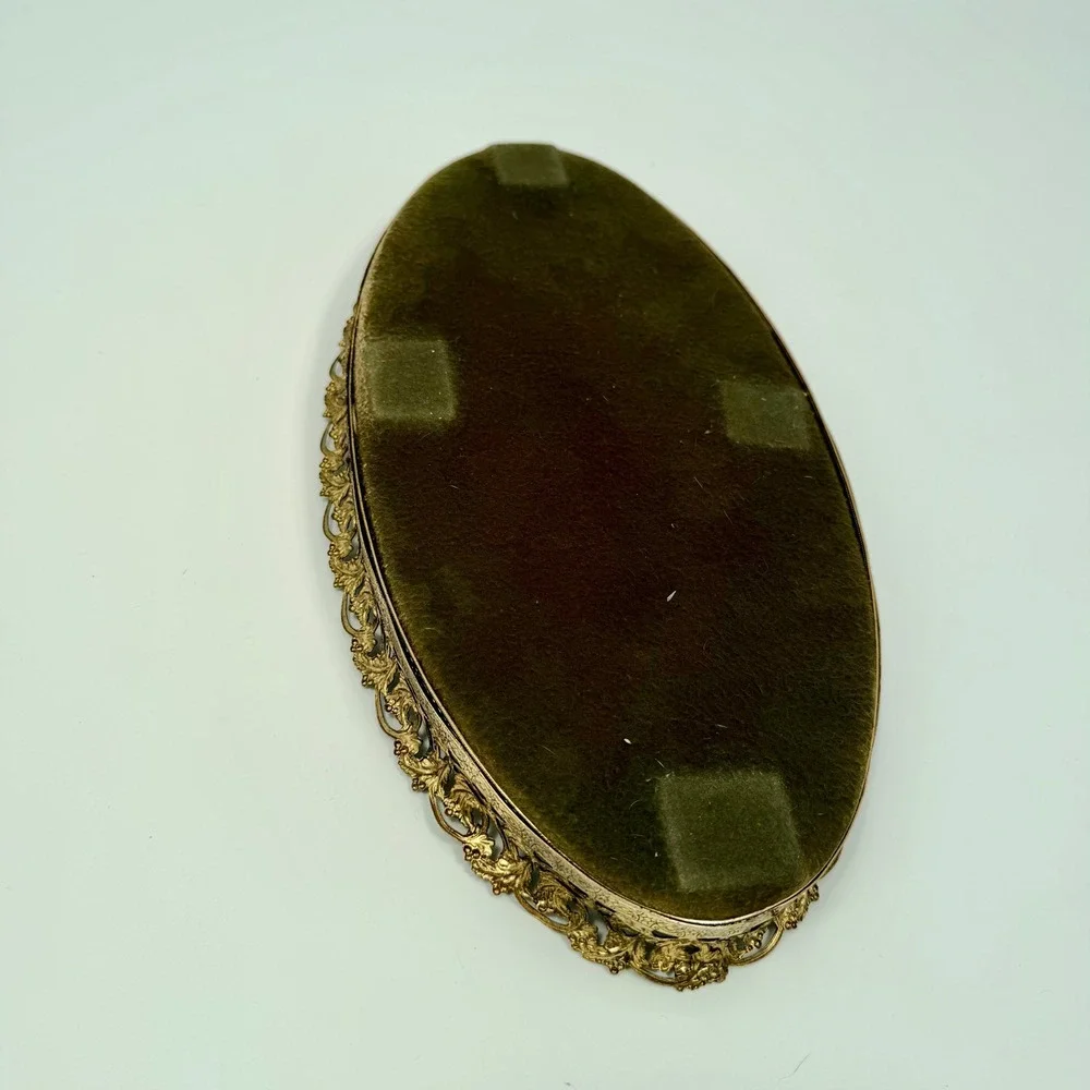 Vintage 50s Oval Gold Gilt Metal Filigree Hollywood Regency Vanity Tray Mirror